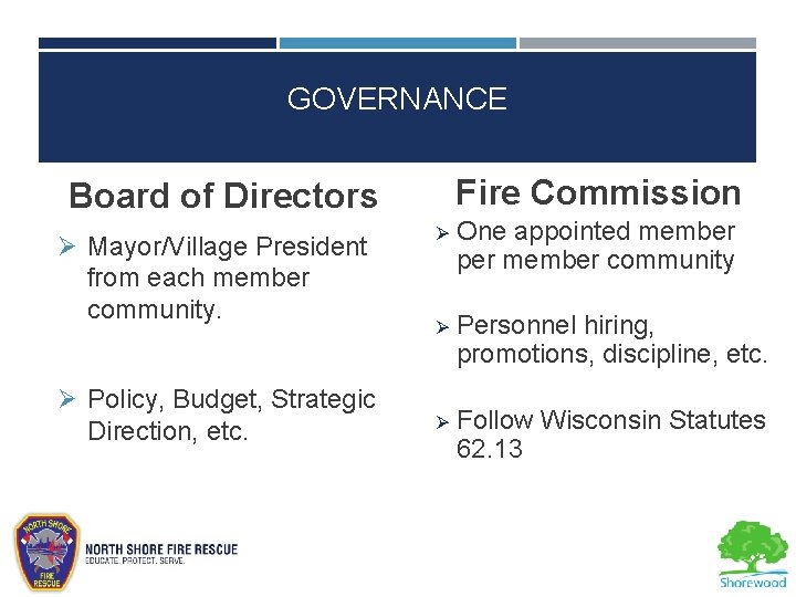 GOVERNANCE Fire Commission Board of Directors Ø Mayor/Village President from each member community. Ø