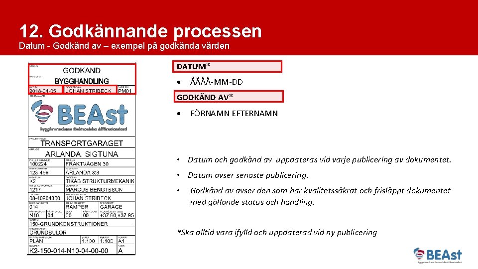 12. Godkännande processen Datum - Godkänd av – exempel på godkända värden DATUM* ÅÅÅÅ-MM-DD