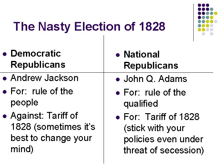 The Nasty Election of 1828 l l Democratic Republicans Andrew Jackson For: rule of