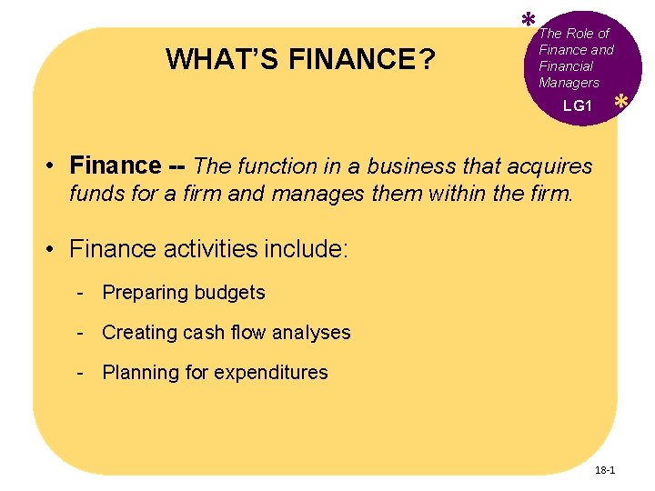 WHAT’S FINANCE? * The Role of Finance and Financial Managers LG 1 * •