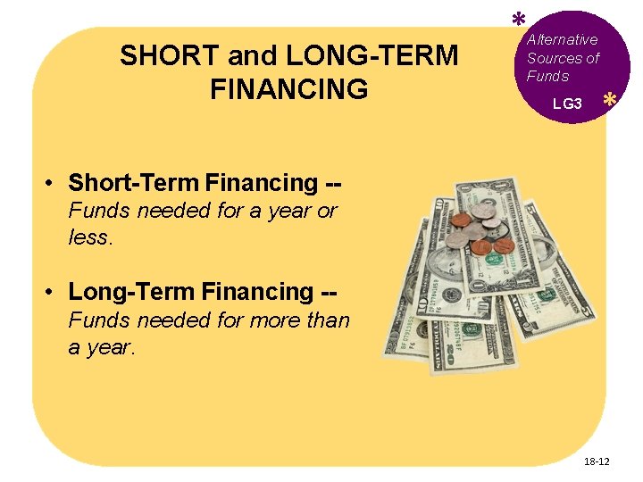 SHORT and LONG-TERM FINANCING *Alternative Sources of Funds LG 3 * • Short-Term Financing
