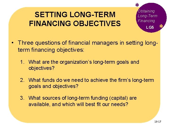 SETTING LONG-TERM FINANCING OBJECTIVES *Obtaining Long-Term Financing LG 5 * • Three questions of