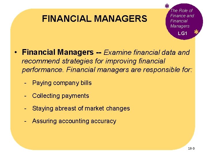 FINANCIAL MANAGERS * The Role of Finance and Financial Managers * LG 1 •