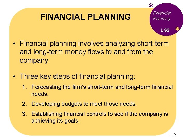 FINANCIAL PLANNING *Financial Planning * LG 2 • Financial planning involves analyzing short-term and