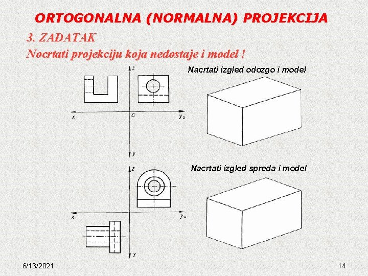 ORTOGONALNA (NORMALNA) PROJEKCIJA 3. ZADATAK Nocrtati projekciju koja nedostaje i model ! Nacrtati izgled