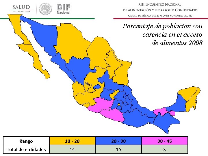 Porcentaje de población con carencia en el acceso de alimentos 2008 Rango 10 -