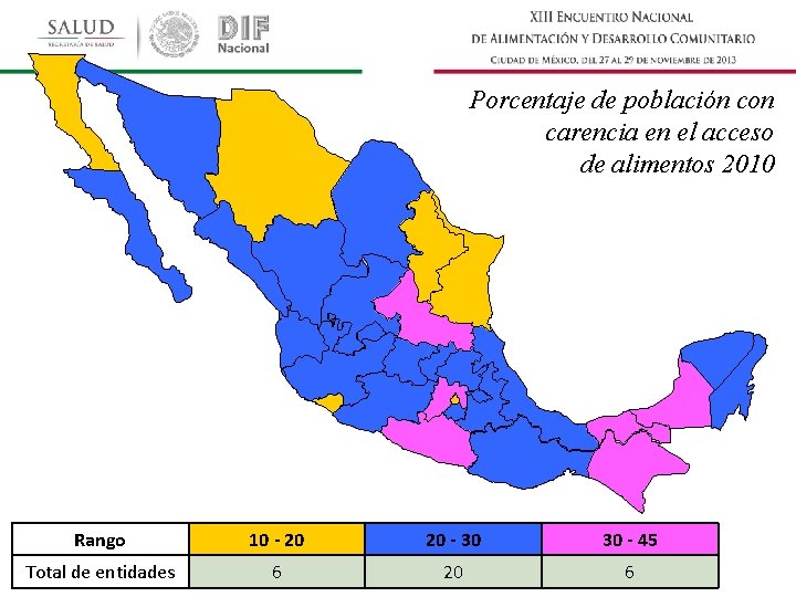 Porcentaje de población con carencia en el acceso de alimentos 2010 Rango 10 -