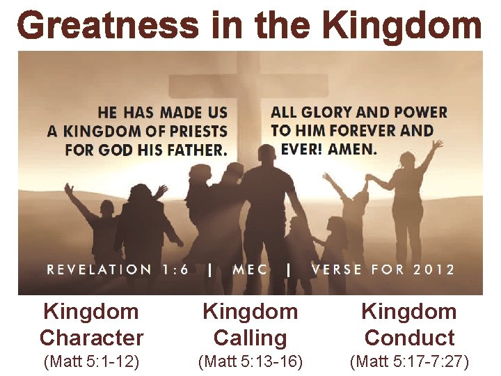 Greatness in the Kingdom Character Kingdom Calling Kingdom Conduct (Matt 5: 1 -12) (Matt