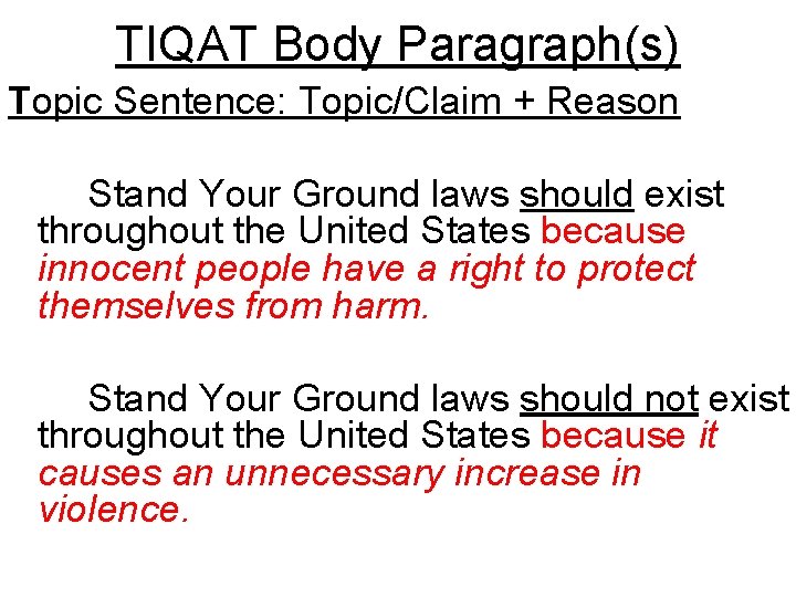 TIQAT Body Paragraph(s) Topic Sentence: Topic/Claim + Reason Stand Your Ground laws should exist
