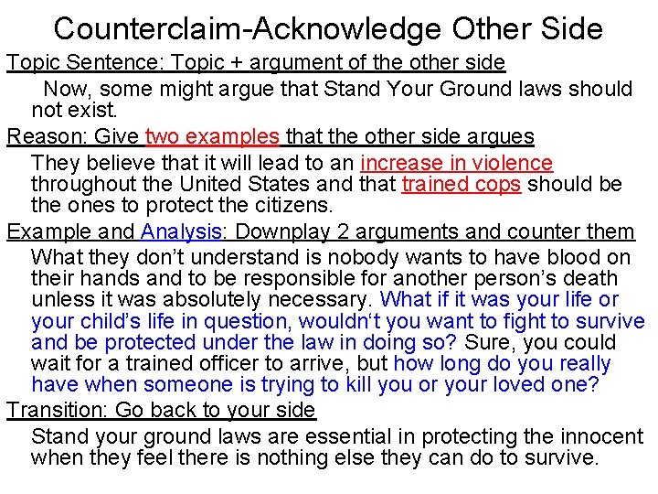 Counterclaim-Acknowledge Other Side Topic Sentence: Topic + argument of the other side Now, some