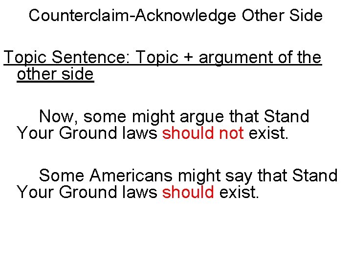 Counterclaim-Acknowledge Other Side Topic Sentence: Topic + argument of the other side Now, some