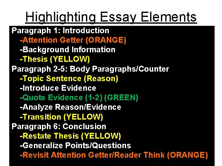 Highlighting Essay Elements Paragraph 1: Introduction -Attention Getter (ORANGE) -Background Information -Thesis (YELLOW) Paragraph