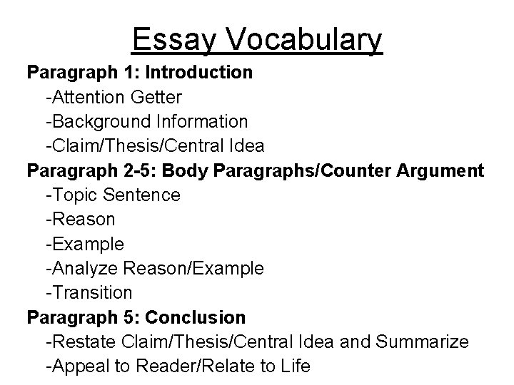 Essay Vocabulary Paragraph 1: Introduction -Attention Getter -Background Information -Claim/Thesis/Central Idea Paragraph 2 -5: