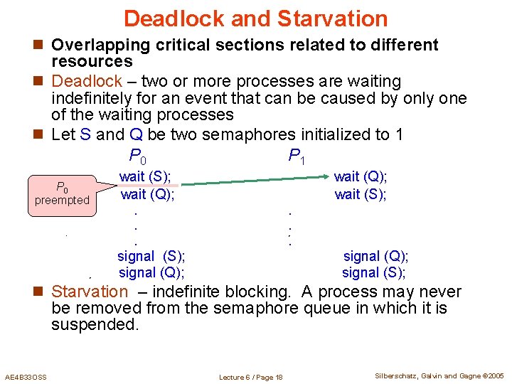 Deadlock and Starvation n Overlapping critical sections related to different resources n Deadlock –