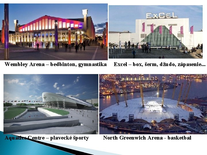 Wembley Arena – bedbinton, gymnastika Aquatics Centre – plavecké športy Excel – box, šerm,