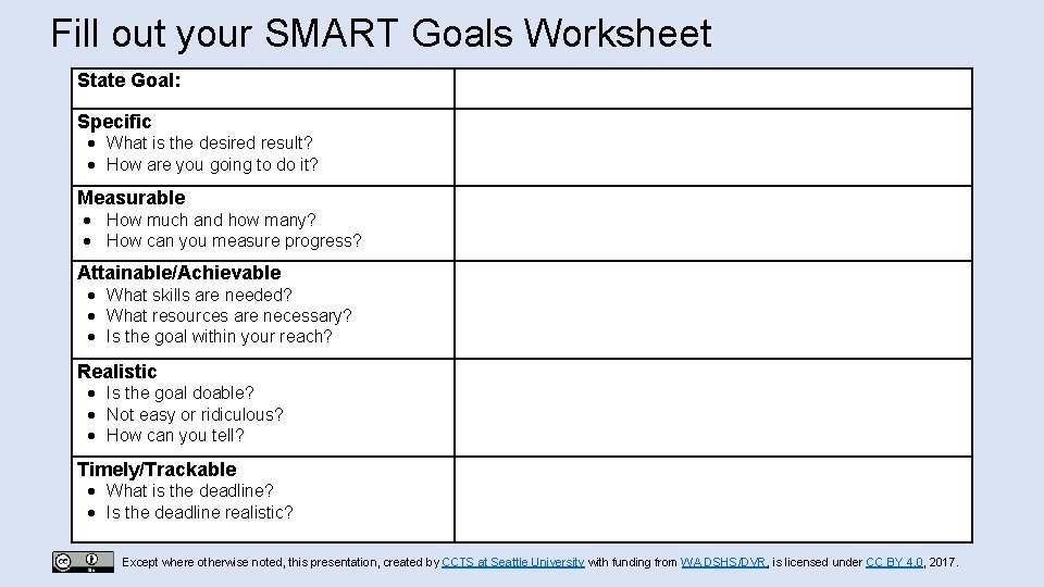 Fill out your SMART Goals Worksheet State Goal: Specific What is the desired result?