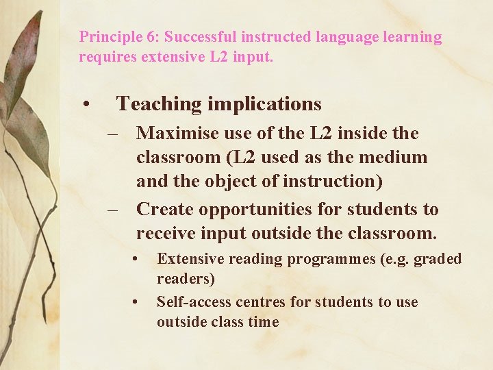 Principle 6: Successful instructed language learning requires extensive L 2 input. • Teaching implications