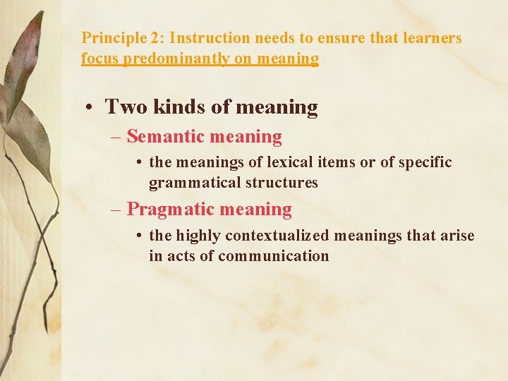 Principle 2: Instruction needs to ensure that learners focus predominantly on meaning • Two