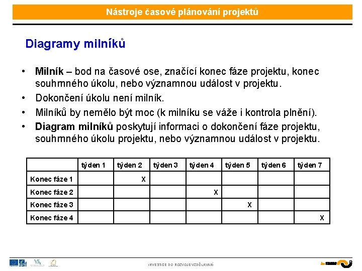 Nástroje časové plánování projektů Diagramy milníků • Milník – bod na časové ose, značící