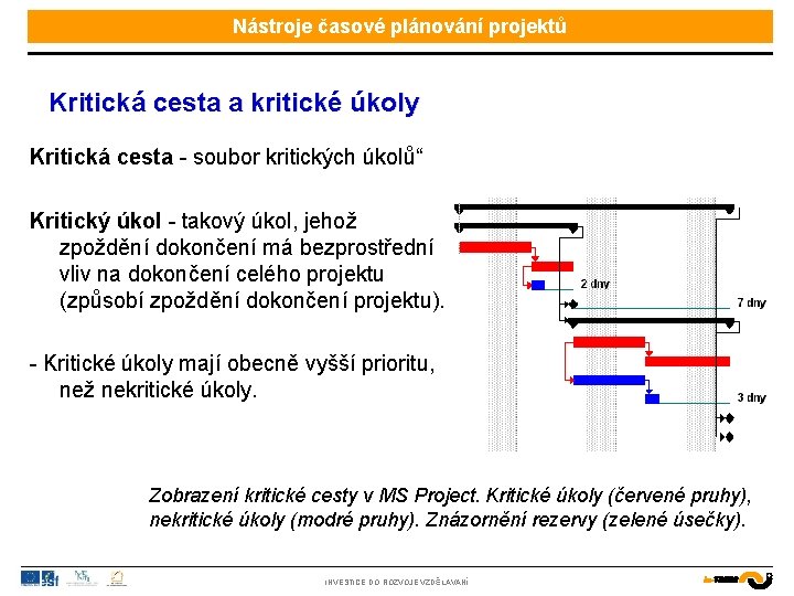 Nástroje časové plánování projektů Kritická cesta a kritické úkoly Kritická cesta - soubor kritických