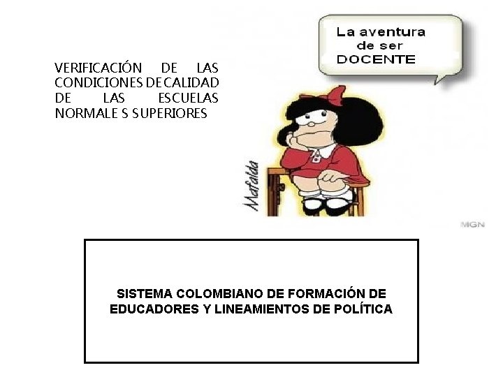 VERIFICACIÓN DE LAS CONDICIONES DE CALIDAD DE LAS ESCUELAS NORMALE S SUPERIORES SISTEMA COLOMBIANO