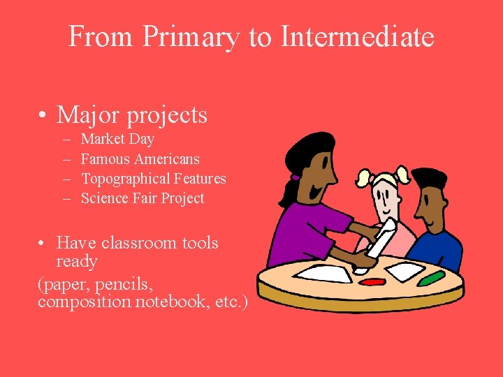 From Primary to Intermediate • Major projects – – Market Day Famous Americans Topographical