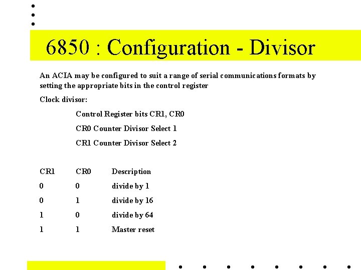 6850 : Configuration - Divisor An ACIA may be configured to suit a range