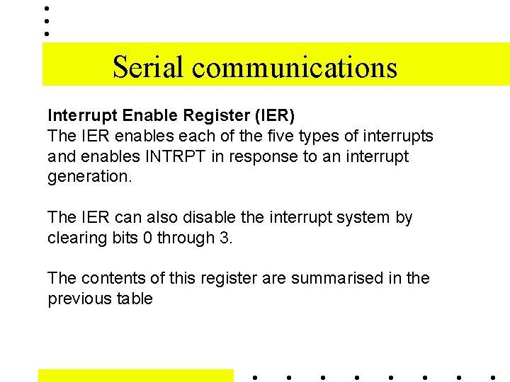 Serial communications Interrupt Enable Register (IER) The IER enables each of the five types