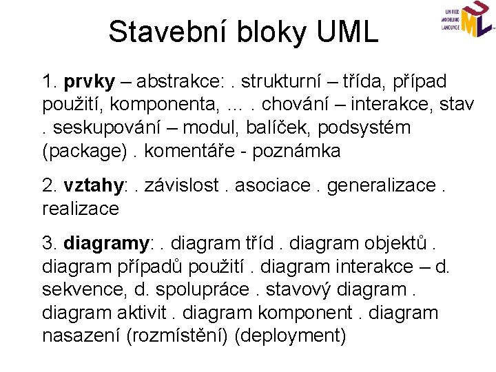 Stavební bloky UML 1. prvky – abstrakce: . strukturní – třída, případ použití, komponenta,