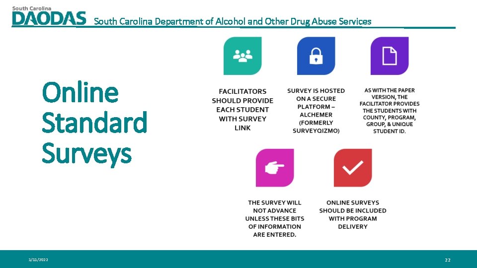 South Carolina Department of Alcohol and Other Drug Abuse Services Online Standard Surveys 1/11/2022