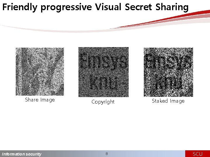 Friendly progressive Visual Secret Sharing Share Image Information security Copyright 8 Staked Image SCU