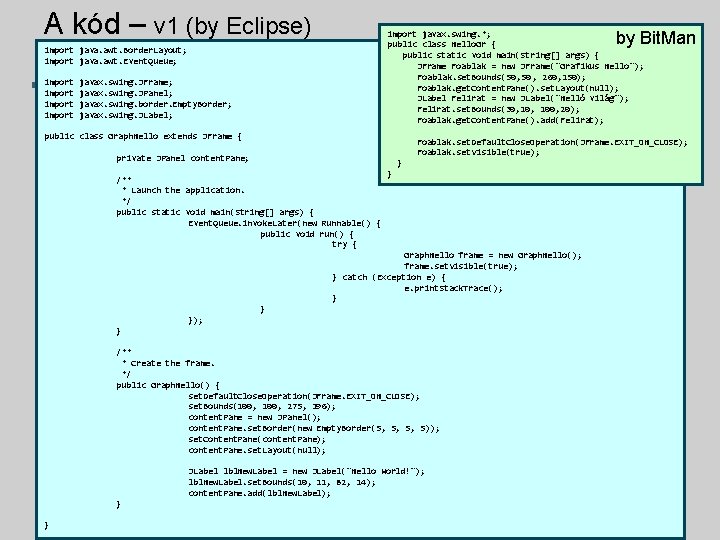A kód – v 1 (by Eclipse) by Bit. Man import javax. swing. *;