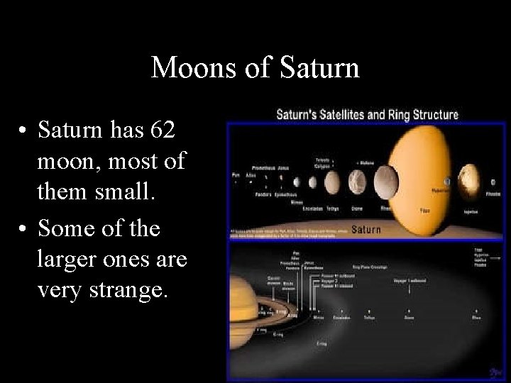 Moons of Saturn • Saturn has 62 moon, most of them small. • Some