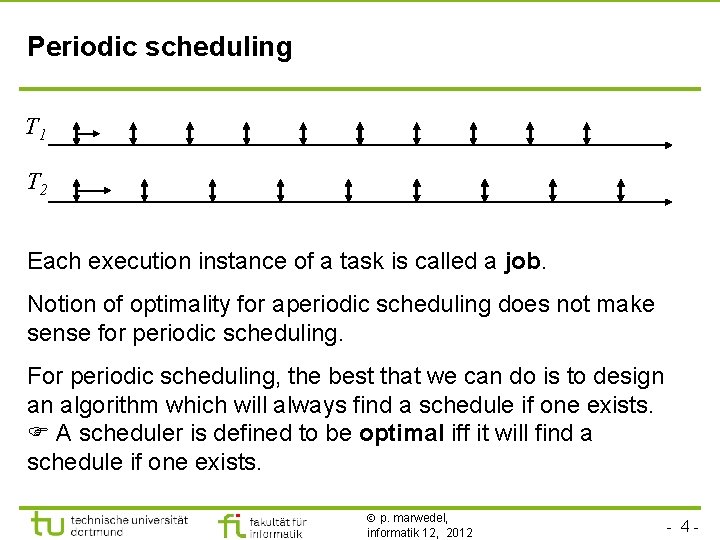 Periodic scheduling T 1 T 2 Each execution instance of a task is called