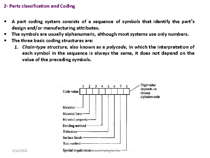 2 - Parts classification and Coding • A part coding system consists of a