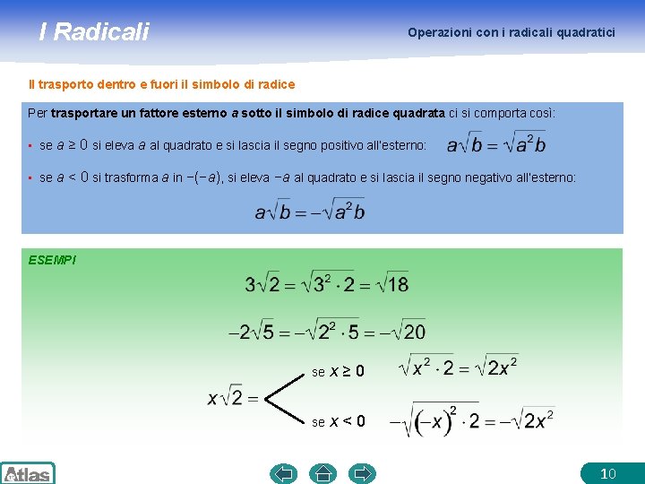 I Radicali Operazioni con i radicali quadratici Il trasporto dentro e fuori il simbolo