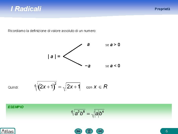 I Radicali Proprietà Ricordiamo la definizione di valore assoluto di un numero: a se