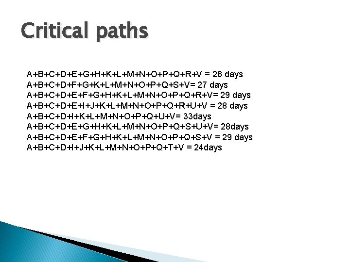 Critical paths A+B+C+D+E+G+H+K+L+M+N+O+P+Q+R+V = 28 days A+B+C+D+F+G+K+L+M+N+O+P+Q+S+V= 27 days A+B+C+D+E+F+G+H+K+L+M+N+O+P+Q+R+V= 29 days A+B+C+D+E+I+J+K+L+M+N+O+P+Q+R+U+V =