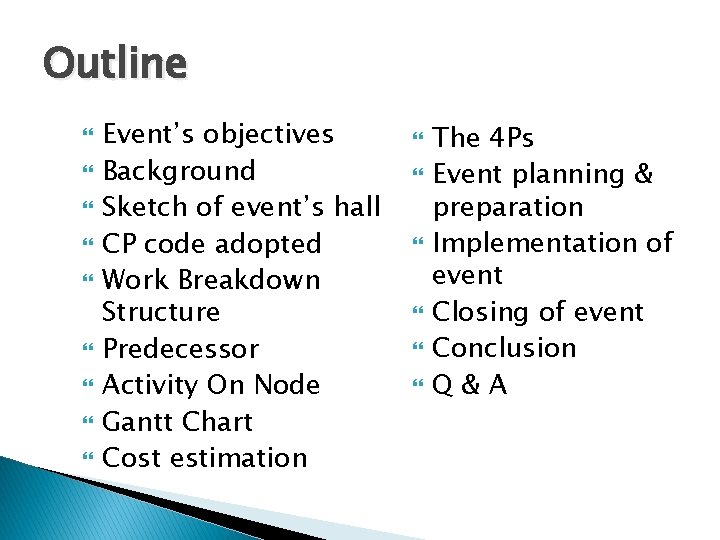 Outline Event’s objectives Background Sketch of event’s hall CP code adopted Work Breakdown Structure