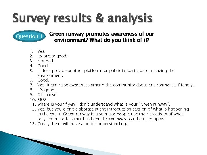 Survey results & analysis Question 1 1. 2. 3. 4. 5. Green runway promotes