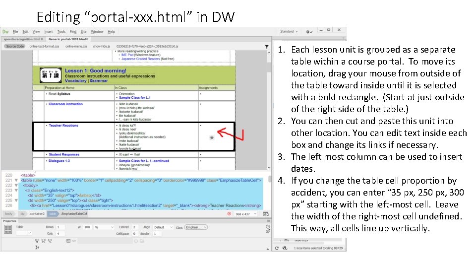Editing “portal-xxx. html” in DW 1. Each lesson unit is grouped as a separate Editing “portal-xxx. html” in DW 1. Each lesson unit is grouped as a separate