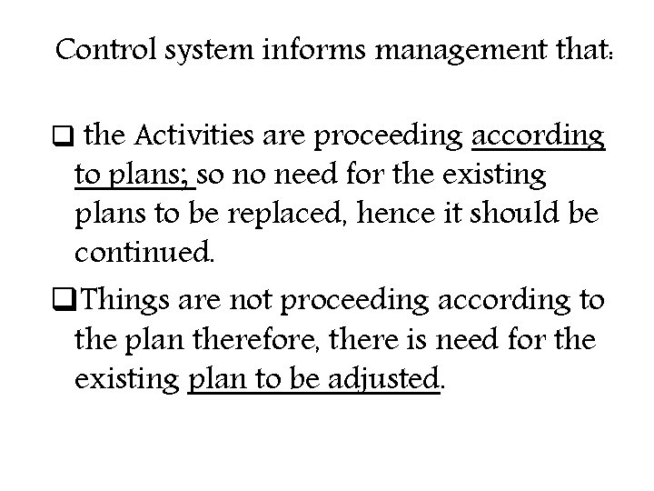 Control system informs management that: q the Activities are proceeding according to plans; so Control system informs management that: q the Activities are proceeding according to plans; so