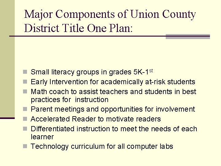 Major Components of Union County District Title One Plan: n Small literacy groups in