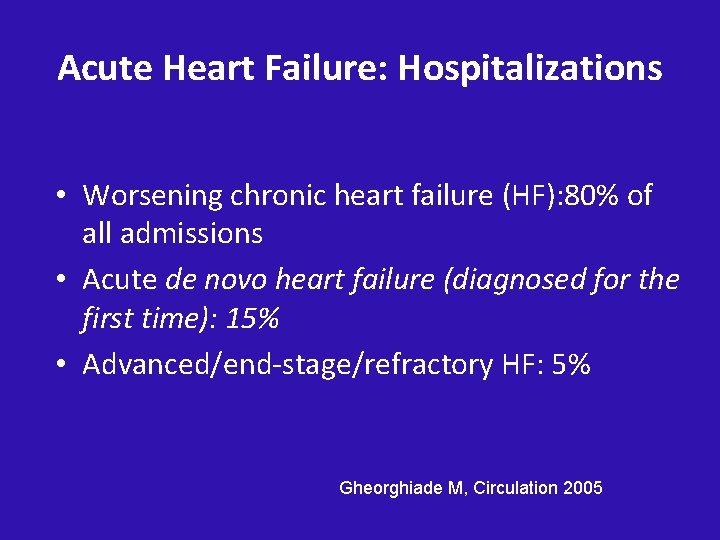 Acute Heart Failure: Hospitalizations • Worsening chronic heart failure (HF): 80% of all admissions