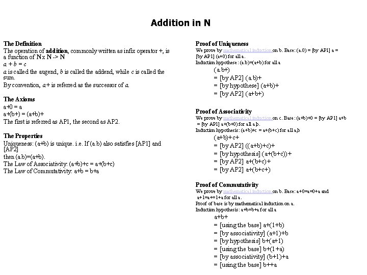 Addition in N The Definition The operation of addition, commonly written as infix operator