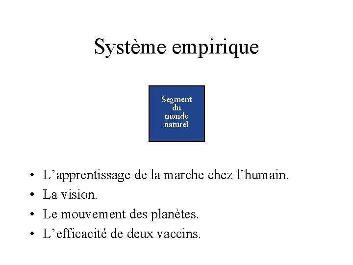 Système empirique Segment du monde naturel • • L’apprentissage de la marche chez l’humain.