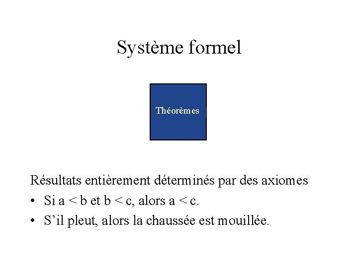 Système formel Théorèmes Résultats entièrement déterminés par des axiomes • Si a < b