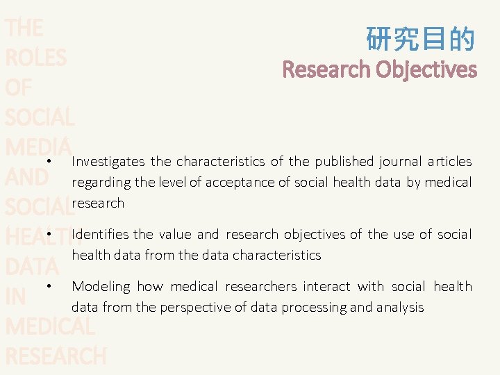THE 研究目的 ROLES Research Objectives OF SOCIAL MEDIA • Investigates the characteristics of the