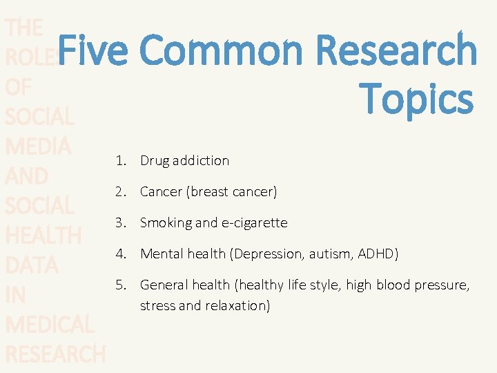 THE ROLES OF SOCIAL MEDIA AND SOCIAL HEALTH DATA IN MEDICAL RESEARCH Five Common