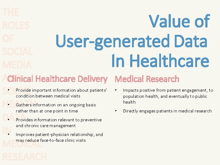 THE ROLES OF SOCIAL MEDIA AND Clinical Healthcare Delivery Medical Research • Provide important